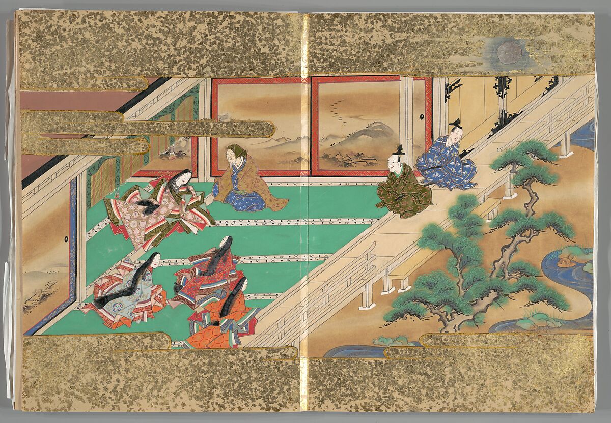 The Tale of the Bamboo Cutter, Hand-illustrated set of three volumes; ink, color, gold, and silver on paper, Japan