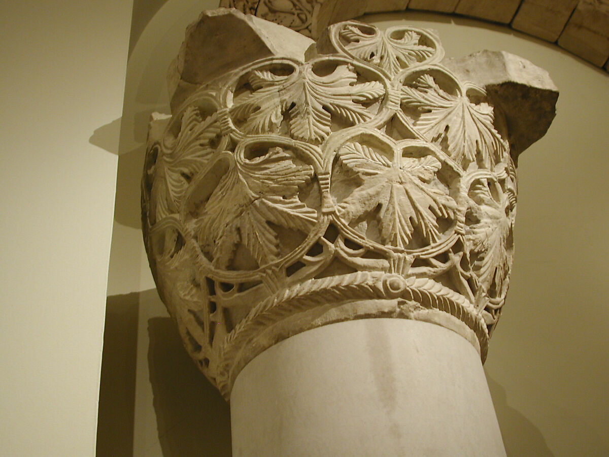 Capital with a Pattern of Grape Leaves and Vines, Limestone; carved in relief