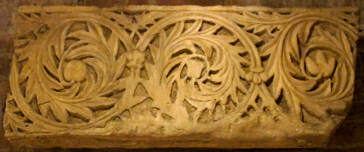 Fragment of Frieze with Acanthus Leaves Encircling Fruit and Flowers, Limestone; carved in relief