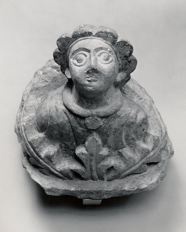 Corbel with Human Bust and Acanthus Leaves, Limestone, traces of paint; carved