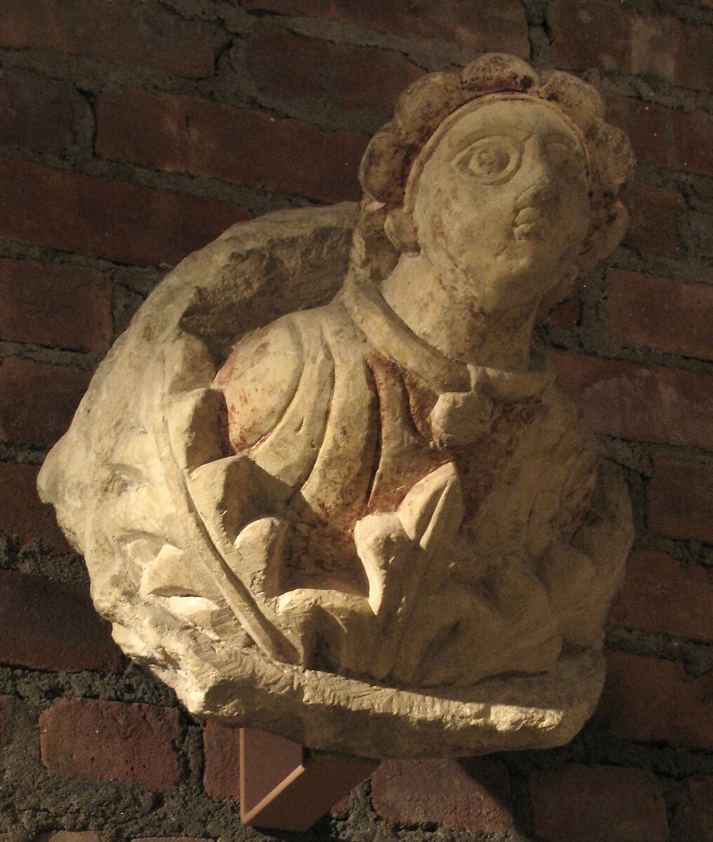 Corbel with Human Bust and Acanthus Leaves, Limestone, traces of paint; carved
