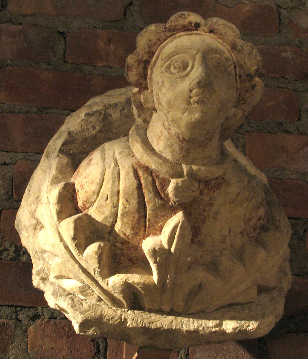 Corbel with Human Bust and Acanthus Leaves, Limestone, traces of paint; carved