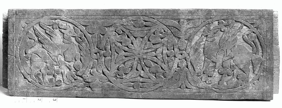 Panel with Cross and Griffins, Wood; carved and painted