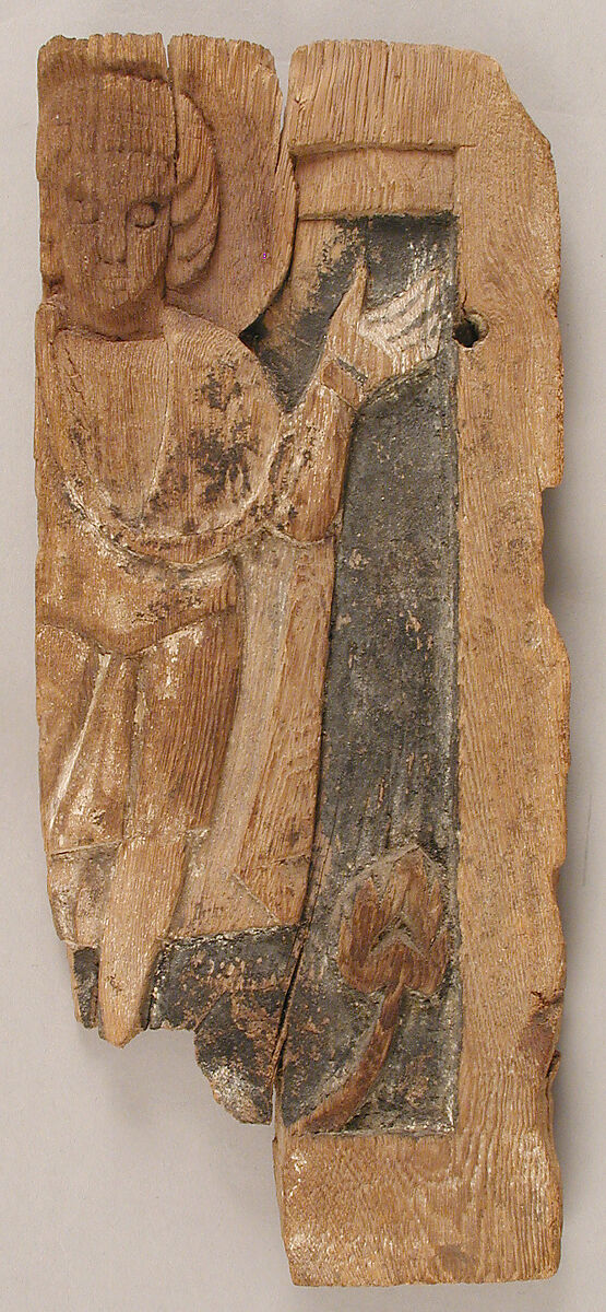 Fragmentary Carved Panel with a Saint, Wood; carved, originally painted