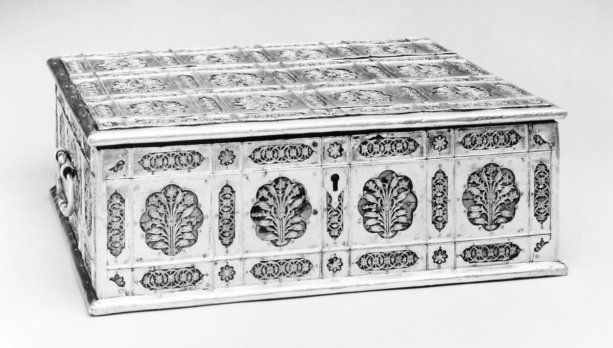 Writing Box with Lattice and Flower Design, Wood; overlaid with dyed wool, stamped silver and gilt-copper plaques