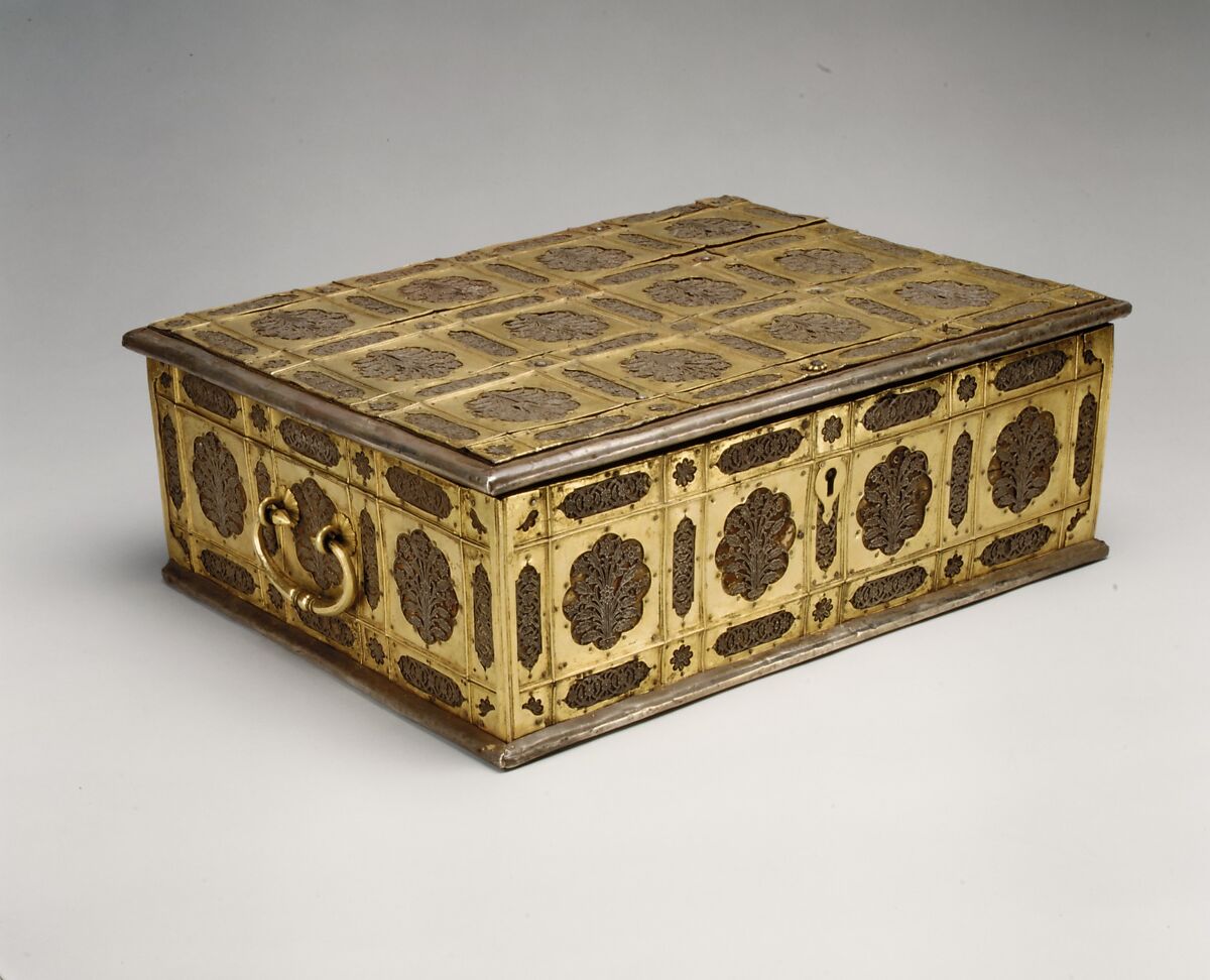 Writing Box with Lattice and Flower Design, Wood; overlaid with dyed wool, stamped silver and gilt-copper plaques