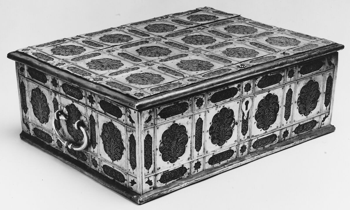 Writing Box with Lattice and Flower Design, Wood; overlaid with dyed wool, stamped silver and gilt-copper plaques