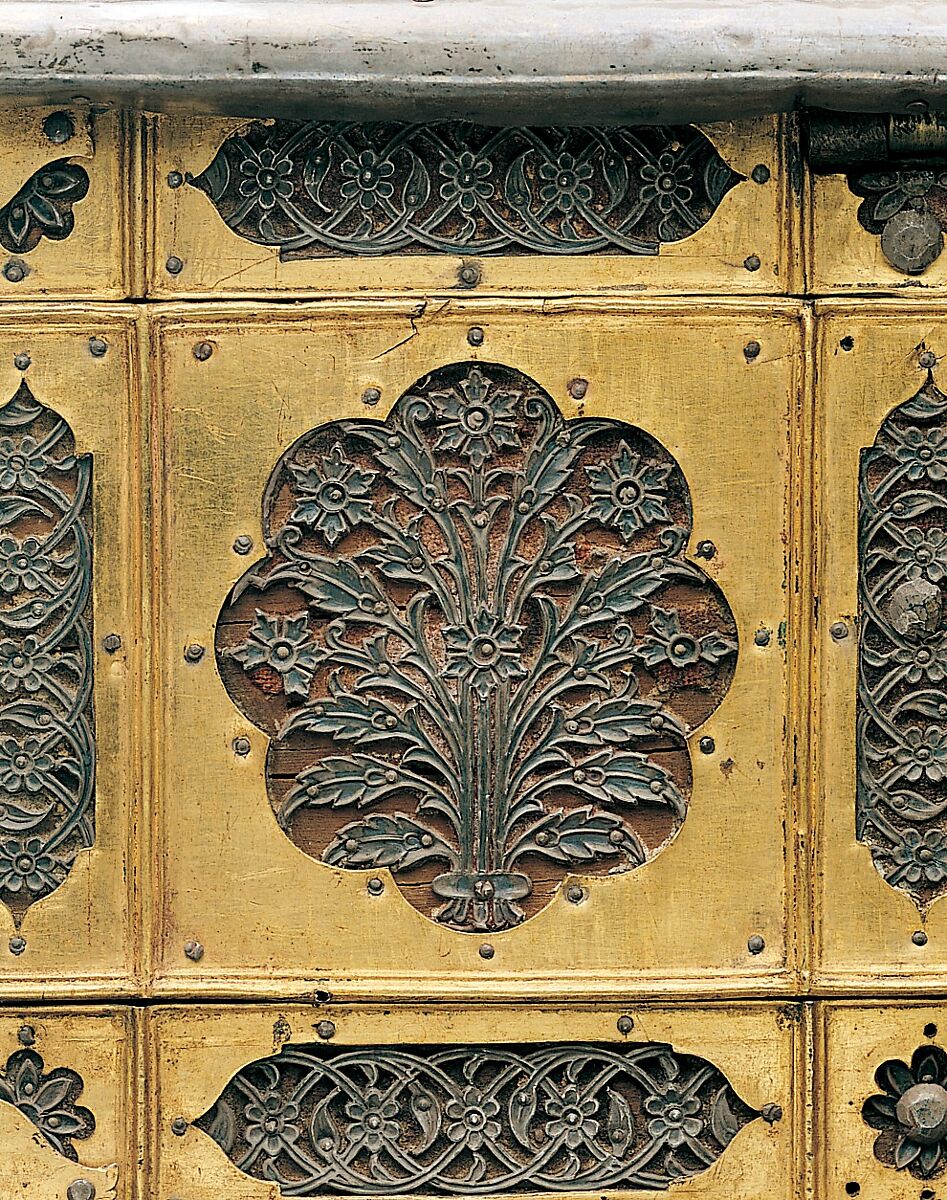 Writing Box with Lattice and Flower Design, Wood; overlaid with dyed wool, stamped silver and gilt-copper plaques