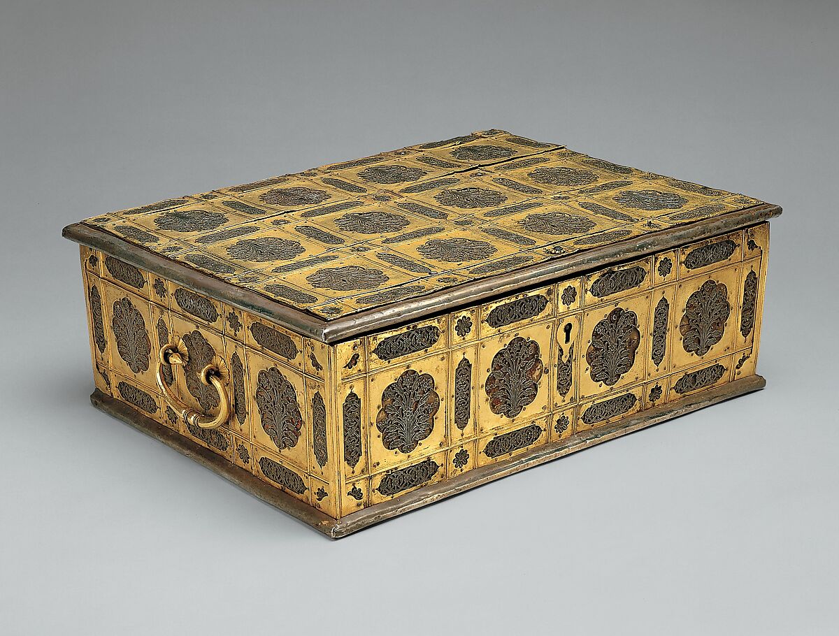 Writing Box with Lattice and Flower Design, Wood; overlaid with dyed wool, stamped silver and gilt-copper plaques