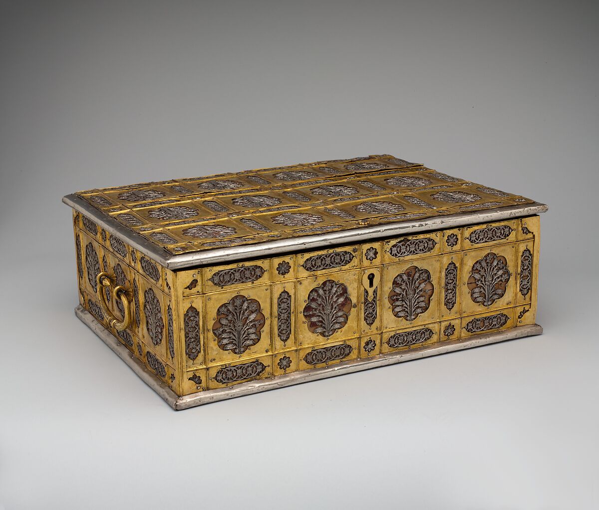 Writing Box with Lattice and Flower Design, Wood; overlaid with dyed wool, stamped silver and gilt-copper plaques 