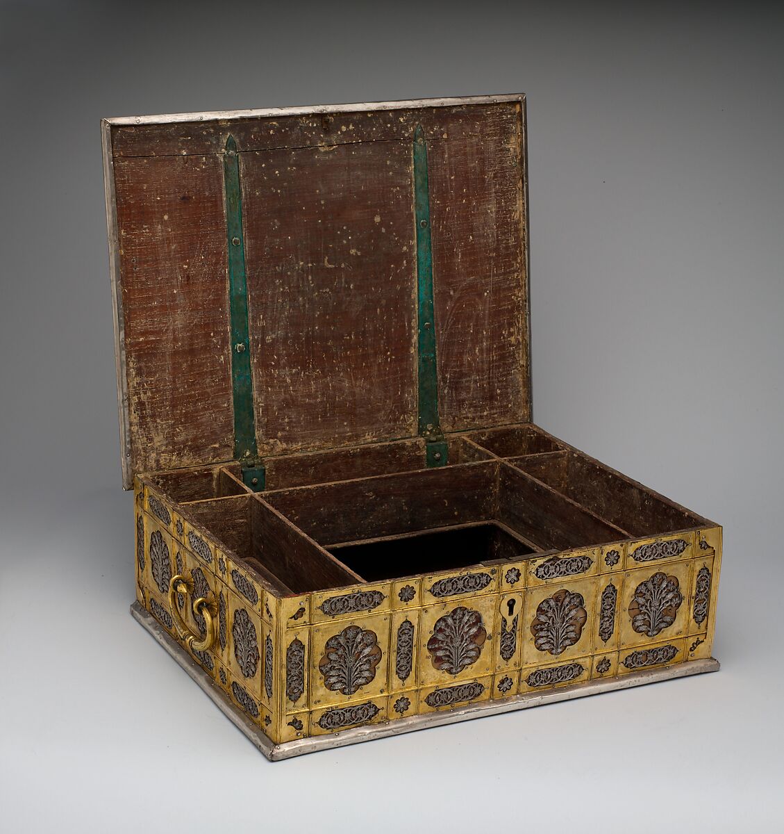 Writing Box with Lattice and Flower Design, Wood; overlaid with dyed wool, stamped silver and gilt-copper plaques