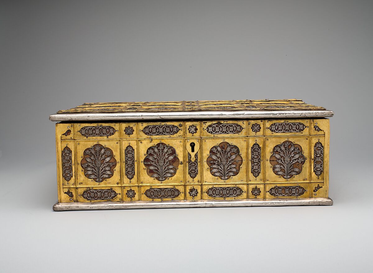 Writing Box with Lattice and Flower Design, Wood; overlaid with dyed wool, stamped silver and gilt-copper plaques