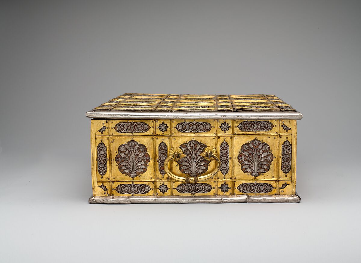 Writing Box with Lattice and Flower Design, Wood; overlaid with dyed wool, stamped silver and gilt-copper plaques
