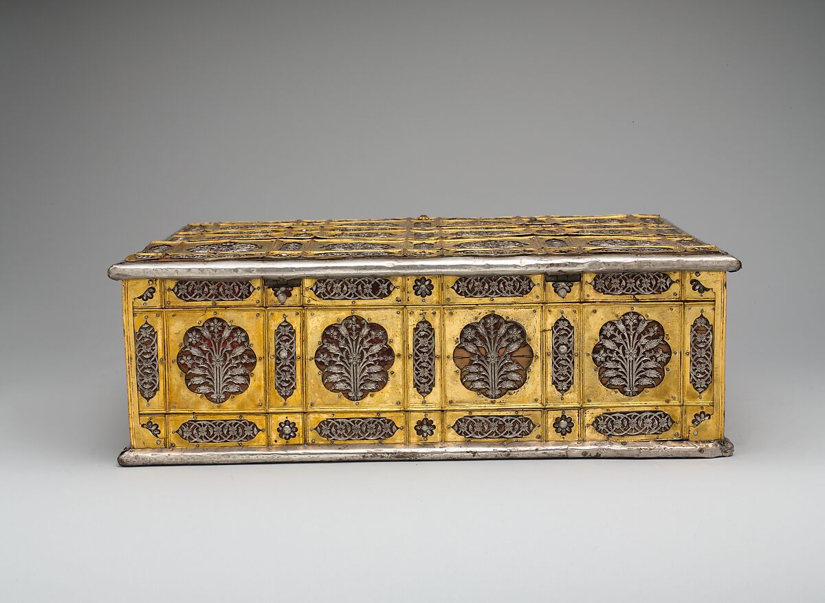 Writing Box with Lattice and Flower Design, Wood; overlaid with dyed wool, stamped silver and gilt-copper plaques