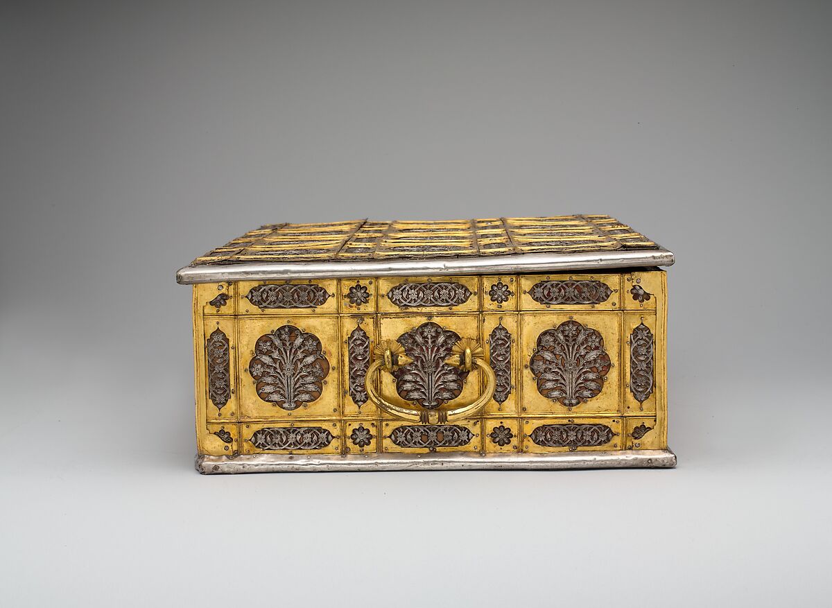 Writing Box with Lattice and Flower Design, Wood; overlaid with dyed wool, stamped silver and gilt-copper plaques
