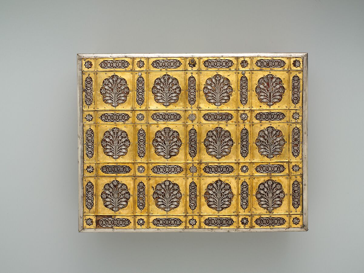 Writing Box with Lattice and Flower Design, Wood; overlaid with dyed wool, stamped silver and gilt-copper plaques