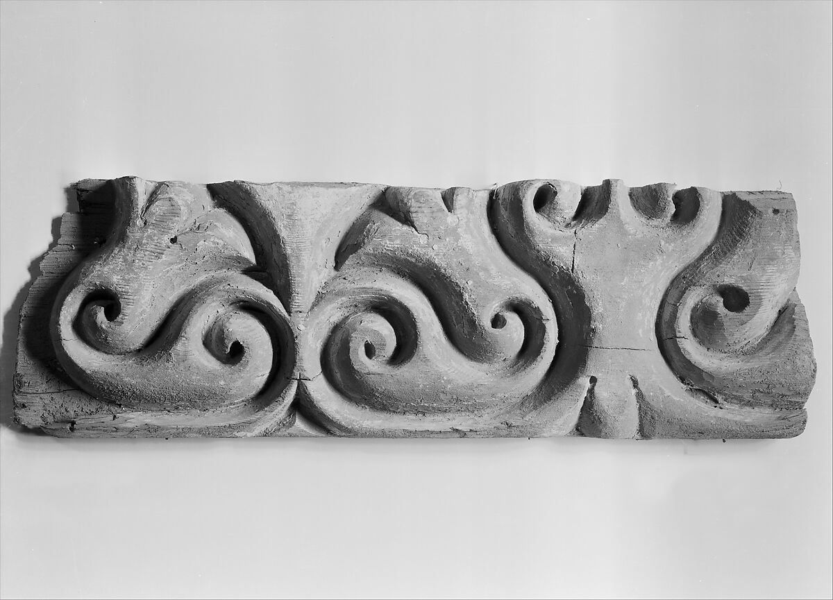 Panel Carved in the "Beveled Style" with Remains of Later Polychromy, Wood (black pine); carved, painted, and gilded