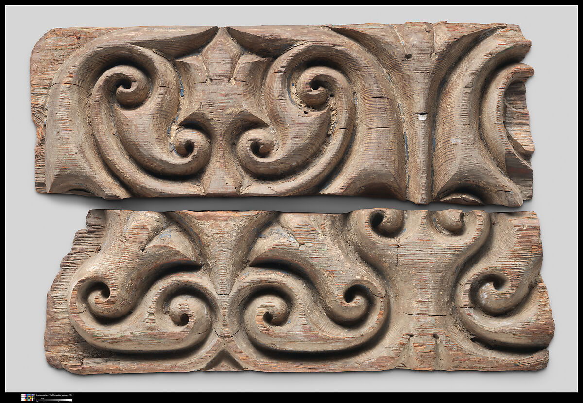 Panel Carved in the "Beveled Style" with Remains of Later Polychromy, Wood (black pine); carved, painted, and gilded
