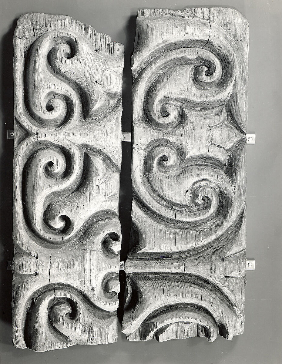 Panel Carved in the "Beveled Style" with Remains of Later Polychromy, Wood (black pine); carved, painted, and gilded 