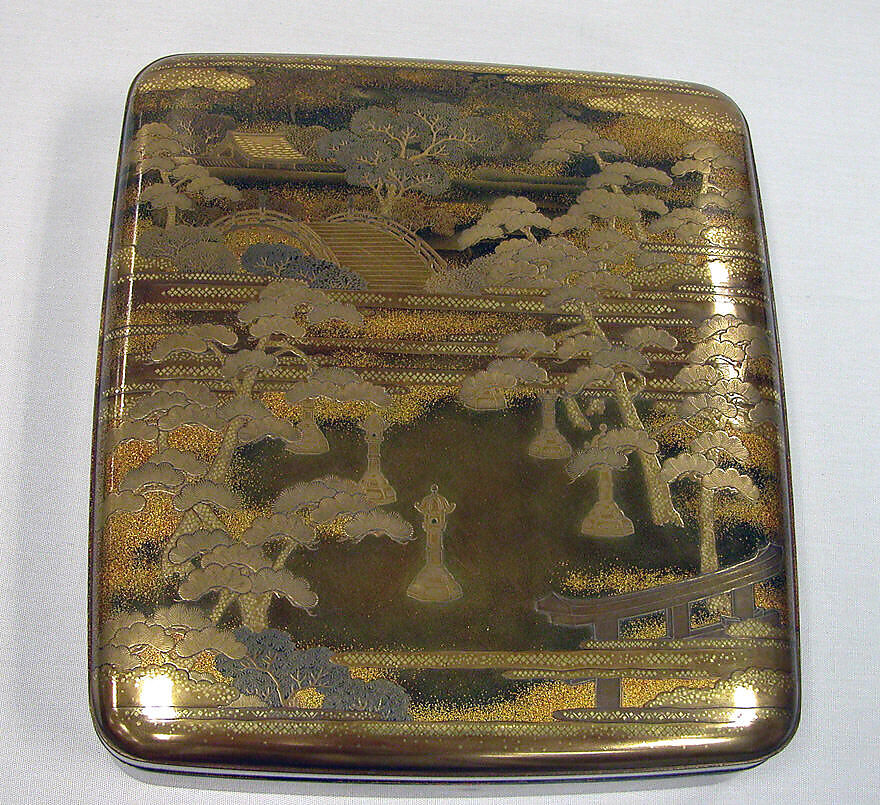 Writing Box with Design of the Sumiyoshi Shrine, Gold and silver maki-e on black lacquer, Japan