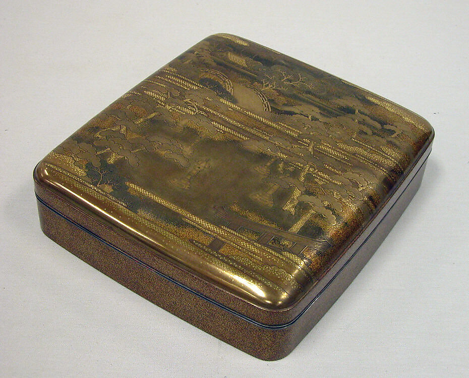 Writing Box with Design of the Sumiyoshi Shrine, Gold and silver maki-e on black lacquer, Japan 