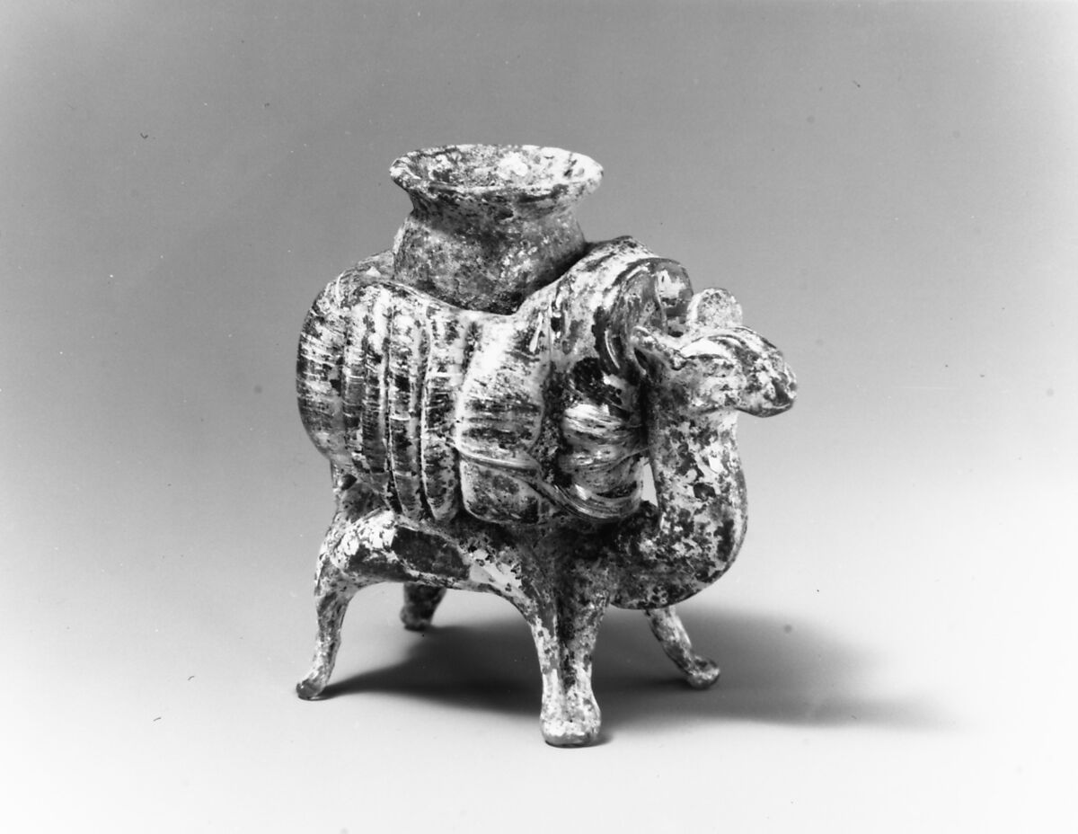 Animal flask, Glass, yellowish and pinkish; blown, applied decoration