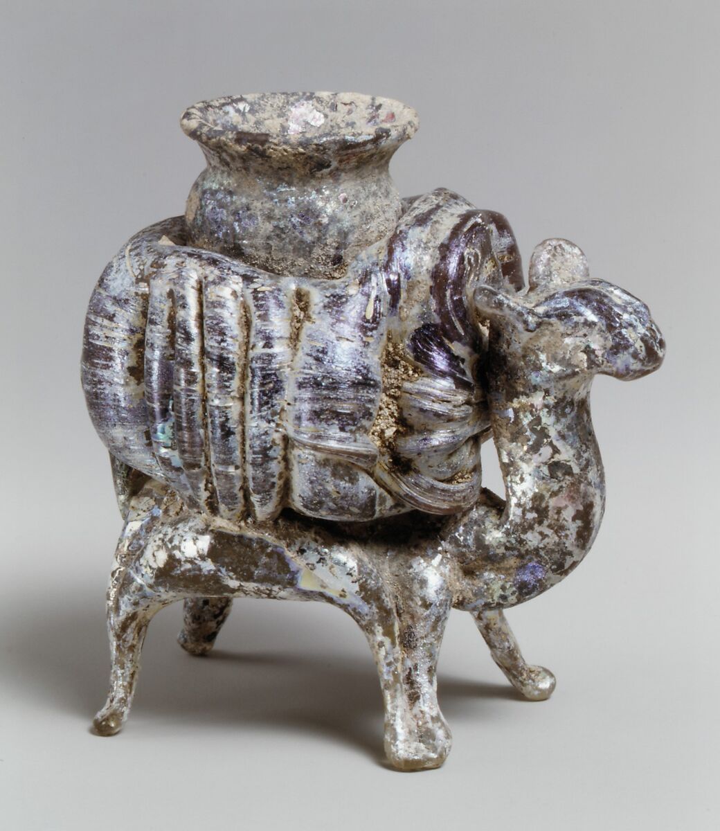 Animal flask, Glass, yellowish and pinkish; blown, applied decoration