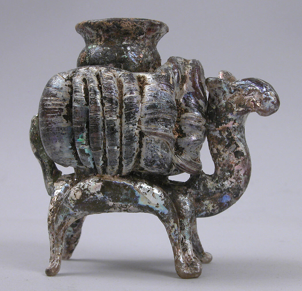 Animal flask, Glass, yellowish and pinkish; blown, applied decoration