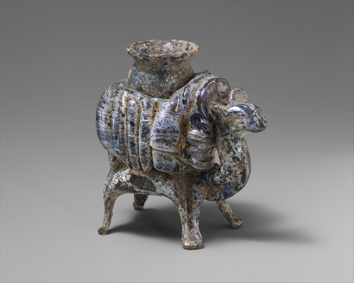 Animal flask, Glass, yellowish and pinkish; blown, applied decoration