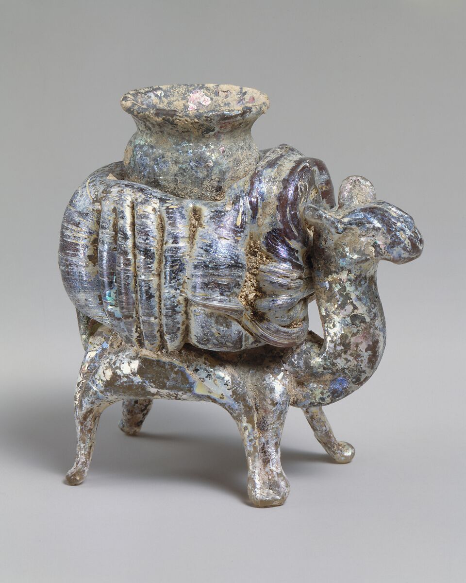 Animal flask, Glass, yellowish and pinkish; blown, applied decoration