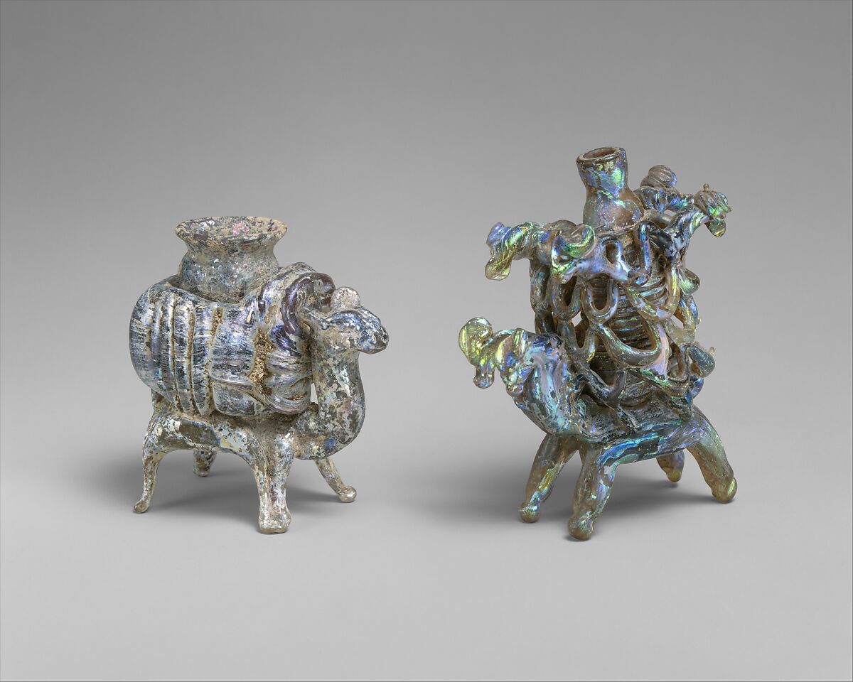 Animal flask, Glass, yellowish and pinkish; blown, applied decoration