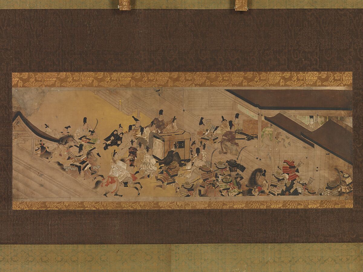 Scene from “Imperial Visit to Rokuhara,” from The Tale of the Heiji Rebellion (Heiji monogatari), Handscroll segment mounted as a hanging scroll; ink and color on paper, Japan 