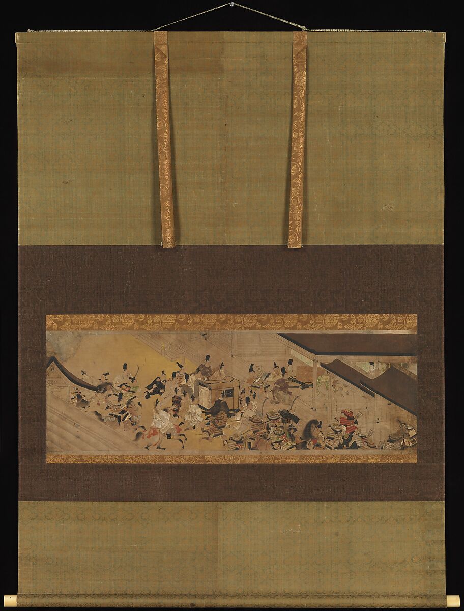 Scene from “Imperial Visit to Rokuhara,” from The Tale of the Heiji Rebellion (Heiji monogatari), Handscroll segment mounted as a hanging scroll; ink and color on paper, Japan