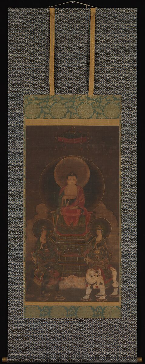 Shaka (Shakyamuni) Triad, Hanging scroll; ink, color, and gold on silk, Japan
