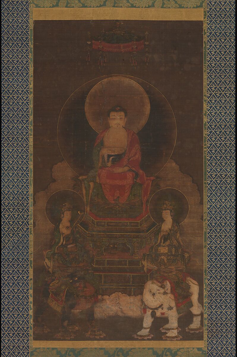 Shaka (Shakyamuni) Triad, Hanging scroll; ink, color, and gold on silk, Japan 