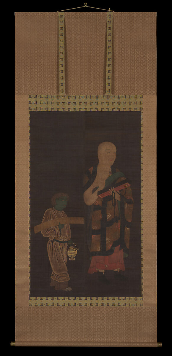 Portrait of Xuanzang (Genjō) with Attendant, In the Style of Kasuga Motomitsu (Japanese, active early 11th century), Hanging scroll; ink and color on silk, Japan