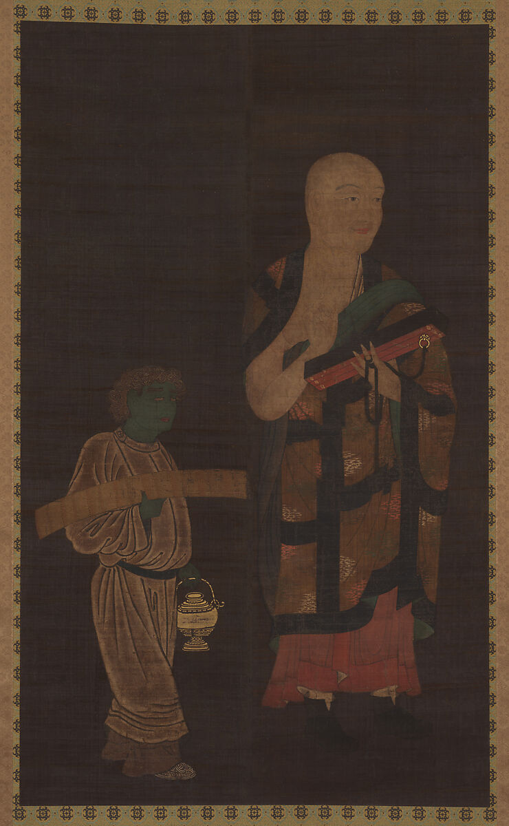 Portrait of Xuanzang (Genjō) with Attendant, In the Style of Kasuga Motomitsu (Japanese, active early 11th century), Hanging scroll; ink and color on silk, Japan 