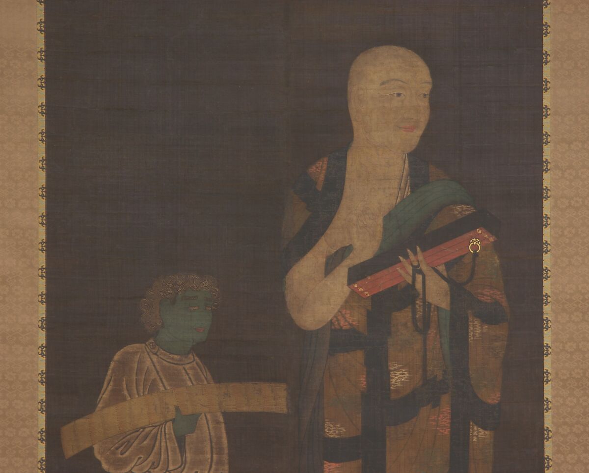 Portrait of Xuanzang (Genjō) with Attendant, In the Style of Kasuga Motomitsu (Japanese, active early 11th century), Hanging scroll; ink and color on silk, Japan