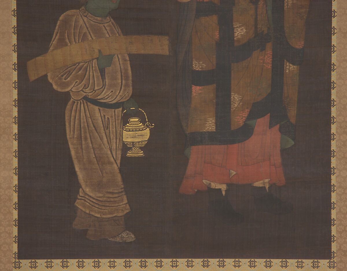 Portrait of Xuanzang (Genjō) with Attendant, In the Style of Kasuga Motomitsu (Japanese, active early 11th century), Hanging scroll; ink and color on silk, Japan