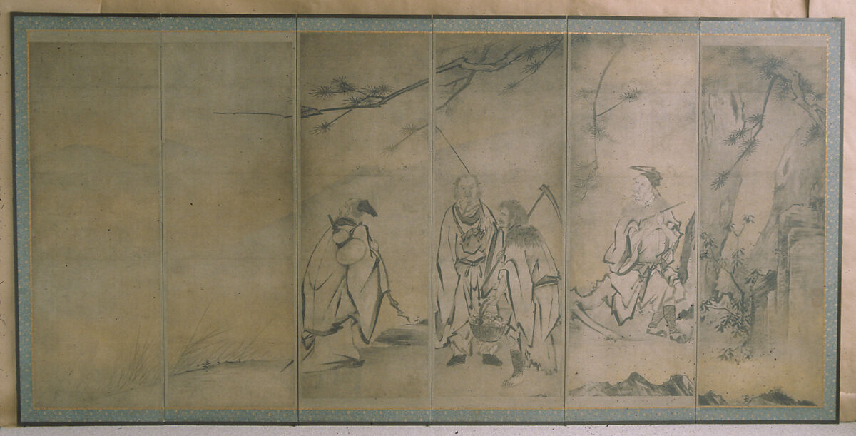 Immortals, Hasegawa Sakon 長谷川左近 (Japanese, born 1593), Six-panel folding screen; ink and gold on paper, Japan 