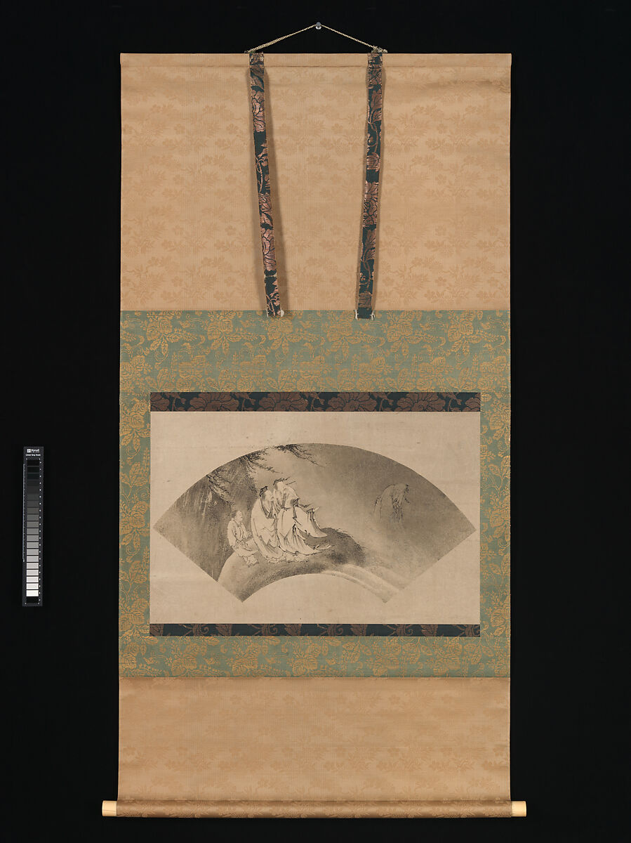The Daoist Immortal Liezi Flying on a Cloud, Kano Yukinobu 狩野之信 (Japanese, ca. 1513–1575), Fan-shaped painting mounted as a hanging scroll; ink on paper, Japan