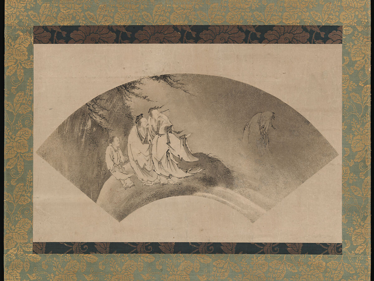 The Daoist Immortal Liezi Flying on a Cloud, Kano Yukinobu 狩野之信 (Japanese, ca. 1513–1575), Fan-shaped painting mounted as a hanging scroll; ink on paper, Japan 