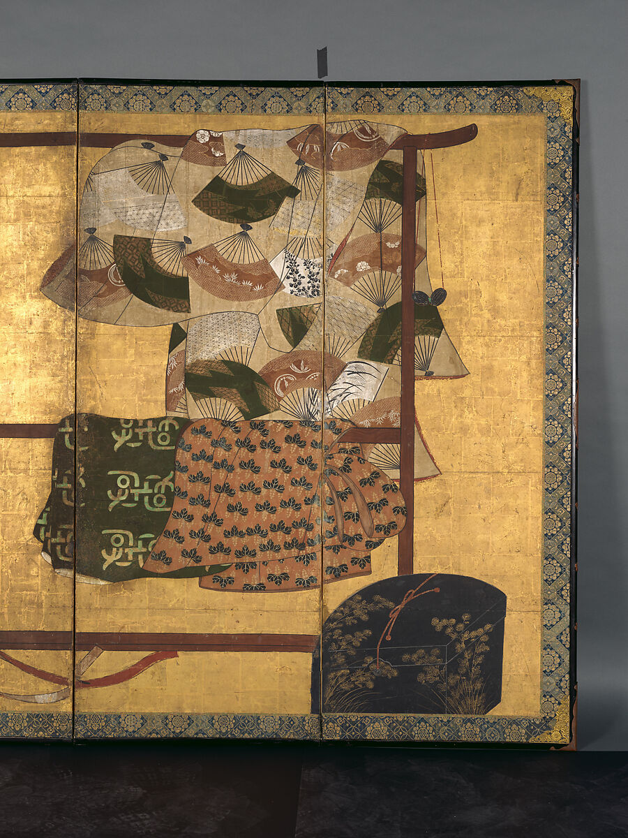 Whose Sleeves? (Tagasode), Pair of six-panel folding screens; ink, color, and gold on gilt paper, Japan