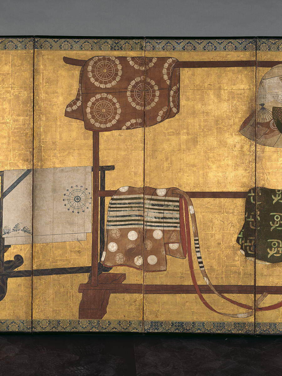 Whose Sleeves? (Tagasode), Pair of six-panel folding screens; ink, color, and gold on gilt paper, Japan
