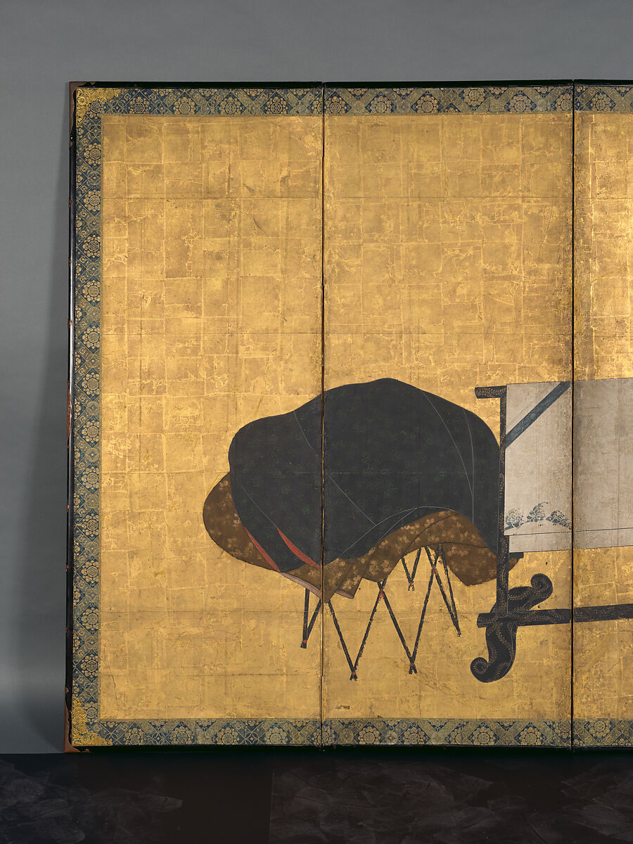 Whose Sleeves? (Tagasode), Pair of six-panel folding screens; ink, color, and gold on gilt paper, Japan