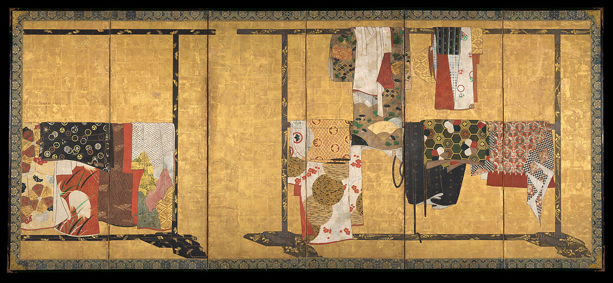 Whose Sleeves? (Tagasode), Pair of six-panel folding screens; ink, color, and gold on gilt paper, Japan