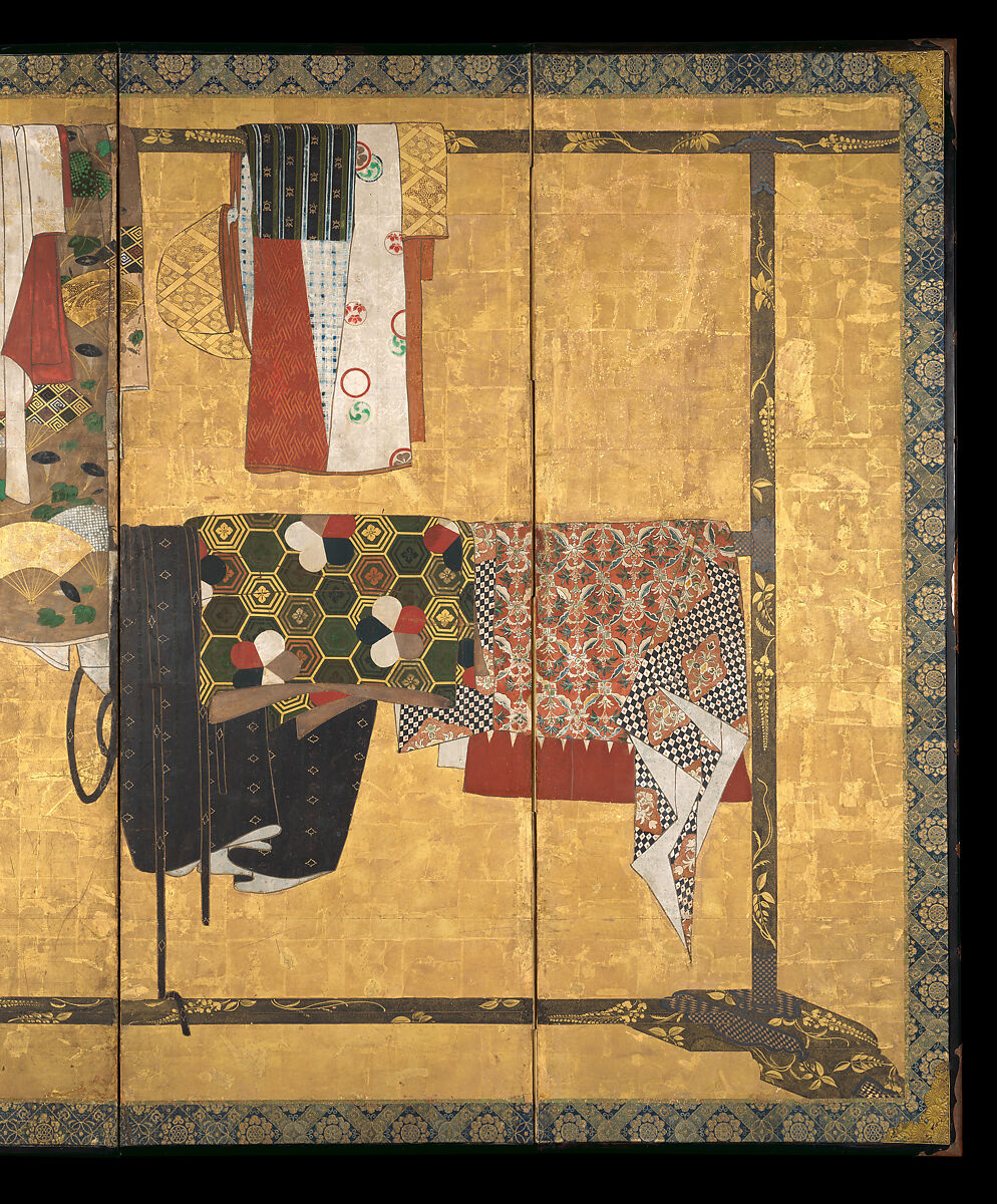 Whose Sleeves? (Tagasode), Pair of six-panel folding screens; ink, color, and gold on gilt paper, Japan