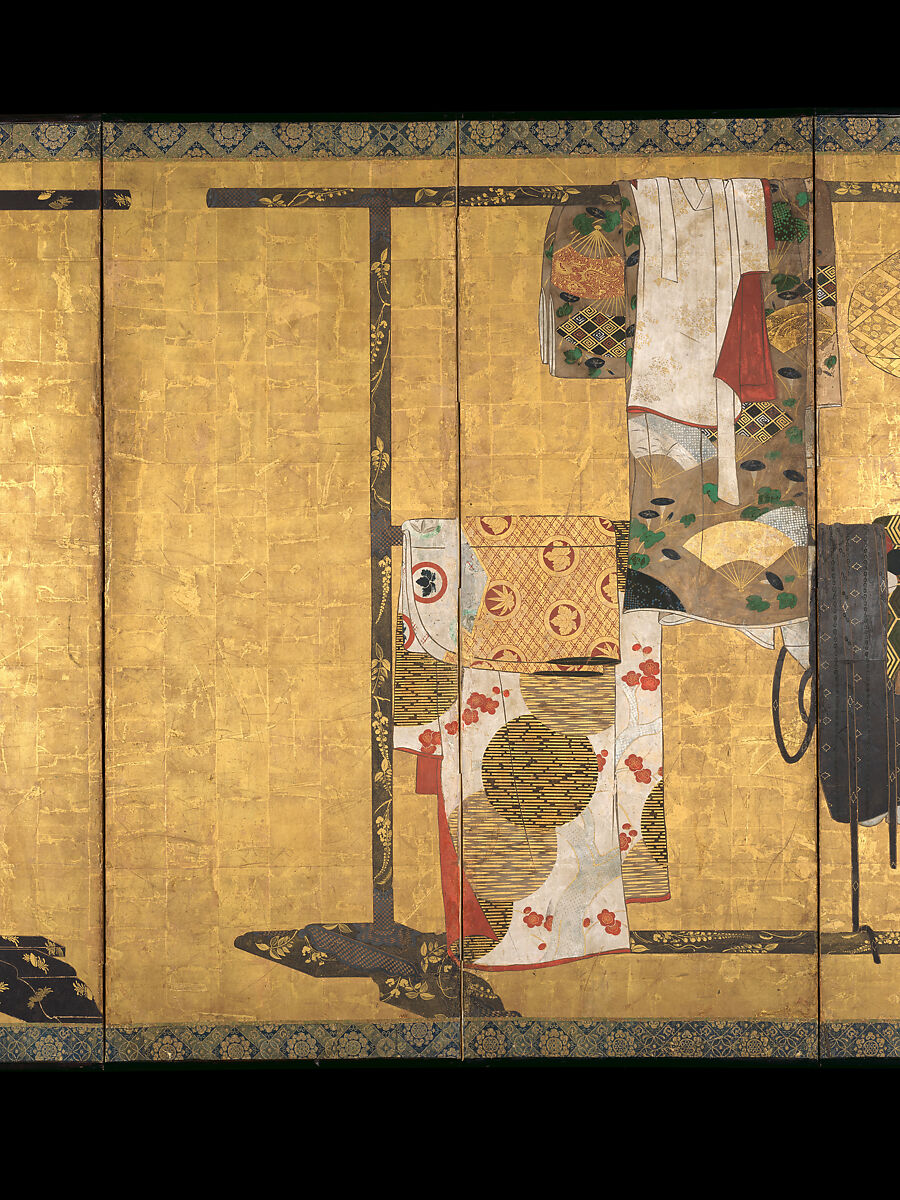 Whose Sleeves? (Tagasode), Pair of six-panel folding screens; ink, color, and gold on gilt paper, Japan