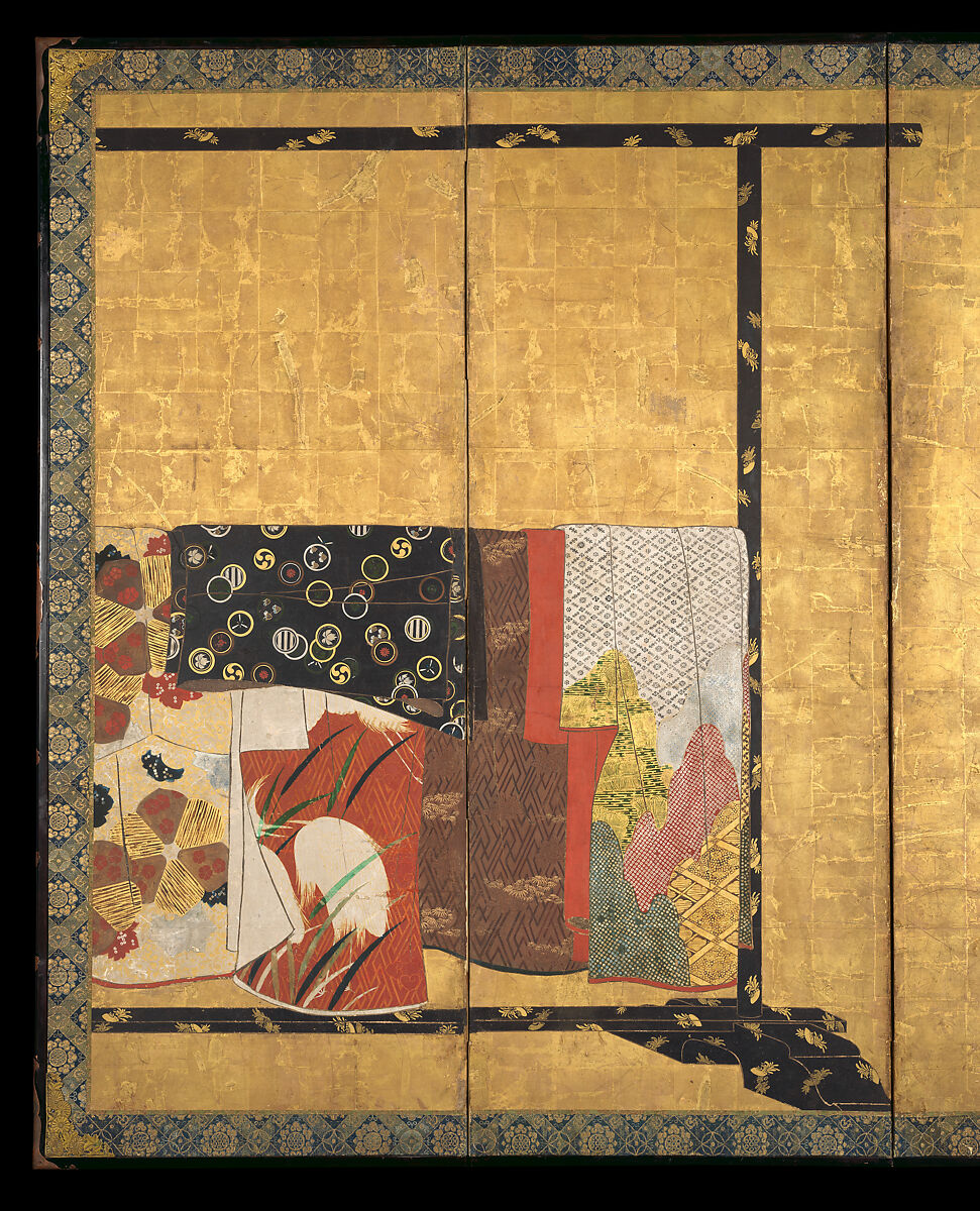 Whose Sleeves? (Tagasode), Pair of six-panel folding screens; ink, color, and gold on gilt paper, Japan
