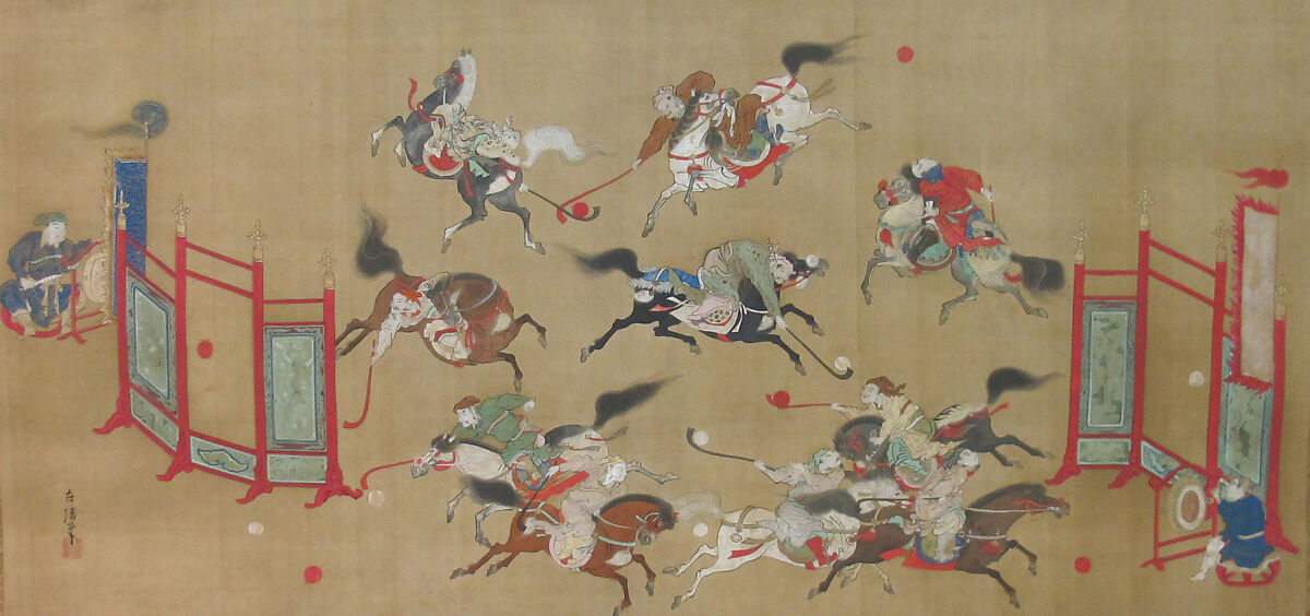 Tartars Playing Polo, Kano Eisen&#39;in Furunobu 狩野永川院古 (Japanese, 1696–1731), Hanging scroll; ink and color on silk, Japan 